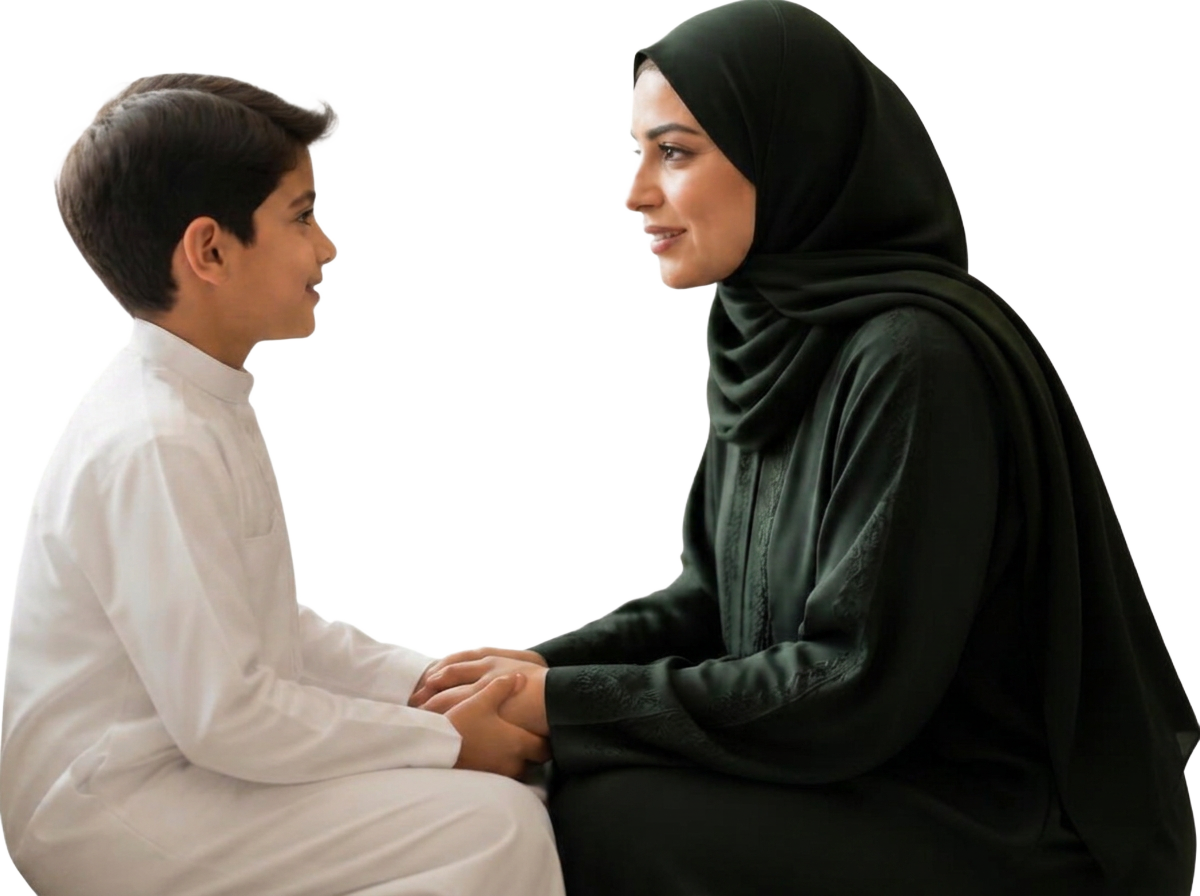 A Saudi mother kneeling at eye level, holding her son's hands warmly in their living room